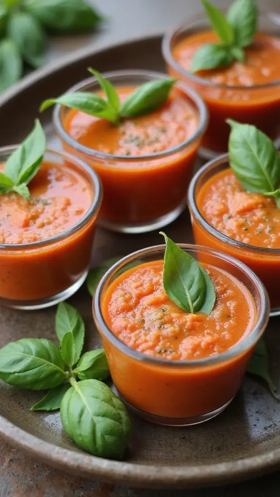 23 Irresistible Seasonal Snacks That Change With the Weather (Spring, Summer, Fall, Winter!) - 9. Tomato Basil Soup Shooters